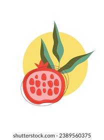 Ilustración vectorial moderna Pomegranada en sección deja el círculo amarillo sobre un fondo blanco Afiche para la cocina restaurante cafetería Fondo o plantilla