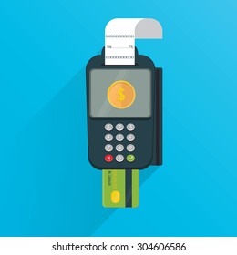 Modern vector illustration of POS payment terminal with credit card and printed reciept/