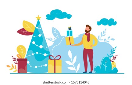Modern vector illustration of preparing for the New Year. Decorating the Christmas tree, buying presents. Winter family holidays.
