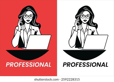 A modern vector illustration of a professional businesswoman working on a laptop while talking on the phone. Perfect for business, corporate branding, remote work, customer service, and entrepreneur