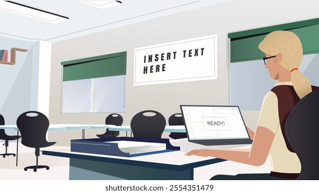 A modern vector illustration of a professional woman working on her laptop in a sleek, well-organized office environment, featuring desks, chairs, and a customizable display board.