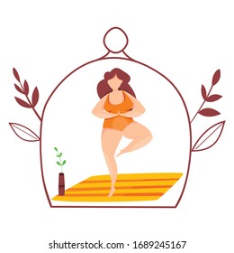 Modern vector illustration of quarantine. Self isolation. Epidemic and pandemic. Meditation and way to yourself. Yoga at home class. Working at home.  Healthy lifestyle. 