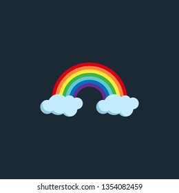 Modern vector illustration of the rainbow and clouds. Flat forecast icon of a cloudy weather. Meteorological symbol isolated on dark background.