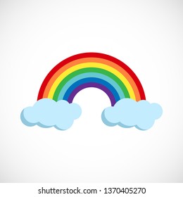 Modern vector illustration of the rainbow and clouds. Flat forecast icon of a cloudy weather. Meteorological symbol isolated on white background.