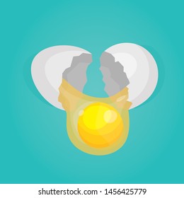 Modern vector illustration of Raw and broken chicken eggs. Broken egg shells. Cooking eggs. Healthy food.