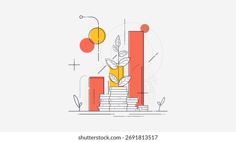 Modern vector illustration of red bar chart and coins, representing financial growth, analytics, and profit increase. Ideal for business presentations, investment reports, and economic visuals.