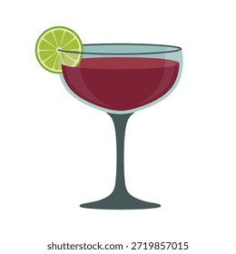 Moderne Vektorgrafik eines roten Cocktails in einem Coupé-Glas mit Limettengarnierung auf gedecktem grünem Hintergrund. Elegantes flaches Design, geeignet für Menügestaltung, Lifestyle-Visuals oder alkoholfreie Kampagnenkonzepte.