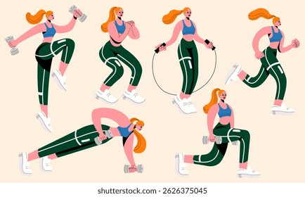 Modern vector illustration. Red-haired white girl doing physical training. Workout, dumbbells, skipping rope.