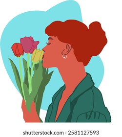 A modern vector illustration of a red-haired woman holding a bouquet of tulips, symbolizing the beauty and tenderness of International Women's Day. The minimalistic and stylish design features soft pa