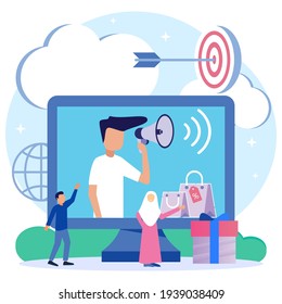 Ilustración vectorial moderna. Concepto de marketing de referencia. Estrategias publicitarias exitosas y tácticas de crecimiento de negocios en línea. Comunicación de campañas de promoción de medios de comercio electrónico con clientes.