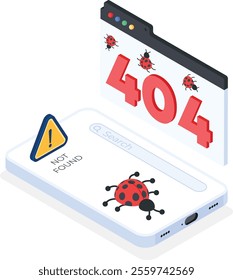 A modern vector illustration representing a 404 error page with a "not found" warning. Features a 3D-style smartphone, a search bar, and digital bugs symbolizing system glitches.