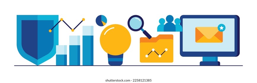 Modern vector illustration representing the business world. Includes symbols of success, like a shield, growth chart, computer, finance, data analysis and a lightbulb. Suitable for many purposes.