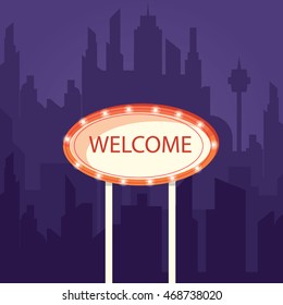 Modern vector illustration of retro arrow with space for welcome billboard on a city background