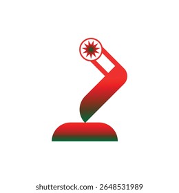 Ilustração vetorial moderna de um braço robótico equipado com um cortador a laser ou cabeça de ferramenta, projetado com um gradiente de vermelho a verde. Perfeito para tecnologia, design de automação.