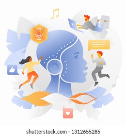 Modern vector illustration of robotic head surrounded by tiny people characters or customers. Voice assistant, personal assistant and voice recognition concept.
