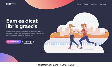 Modern vector illustration of rollerblading women. Weekend, entertainment. Leisure concept for banner, website design or landing web page