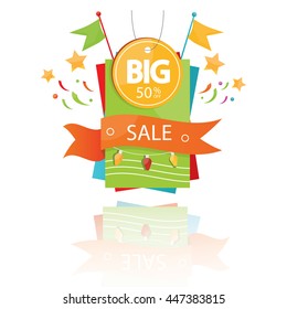 Modern vector illustration of sale design elements. Colorful sale tag, label, banner and emblem.