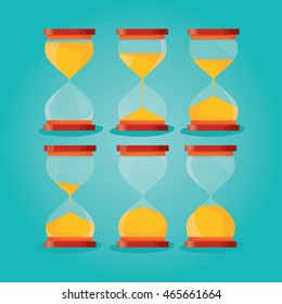 Modern vector illustration of Sandglass flat icons set with animation frames.Time hourglass, sandclock process timer.