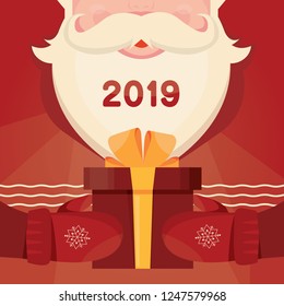 Modern vector illustration of Santa Claus with gift. Christmas card poster banner. Xmas greeting template design with Happy New Year.