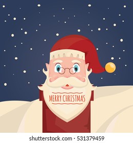 Modern vector illustration of Santa Claus in the chimney on snowflakes background. Xmas greeting template design with Happy New Year.
