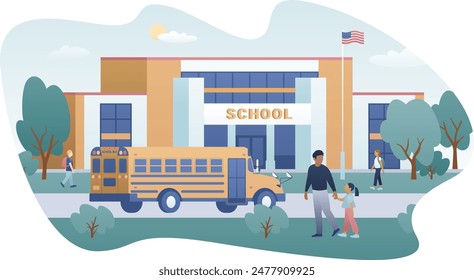 Modern vector illustration of school building. Parent, child, and schoolchildren near the yellow bus. Education graphics isolated on white background. Educational facilities and services concept.