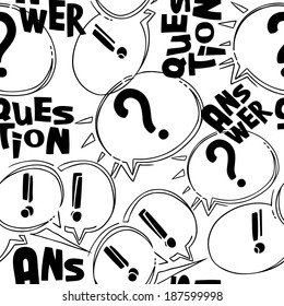 Modern vector illustration seamless pattern of black and white questions and answers cartoon bubbles