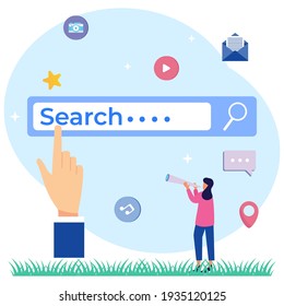 Moderne Vektorgrafik-Suchmaschine als Webbrowser-Tool zur Informationssuche. Suchen Sie nach Inhaltsdaten der Online-Website. Website-Service für Informationsforschung und Visualisierung