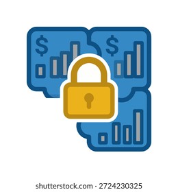 ilustração vetorial moderna de dados financeiros seguros, apresentando ícones azuis com símbolos em dólar e gráficos de crescimento em ascensão protegidos por um cadeado em ouro proeminente para a banca privada e a segurança de ativos