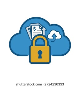 modern vector illustration of secure financial backup featuring a blue cloud storage icon protected by a large gold padlock for safe digital data archiving and private banking information security