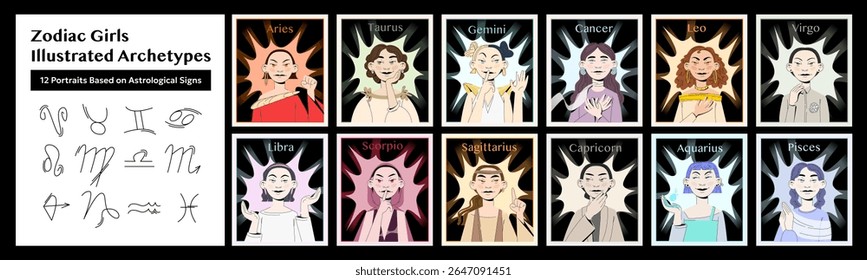 Um moderno conjunto de ilustração vetorial de 12 retratos de signos do zodíaco, apresentando personagens femininas elegantes em trajes simbólicos e gestos únicos. perfeito para cartazes, horóscopos, impressões e design editorial