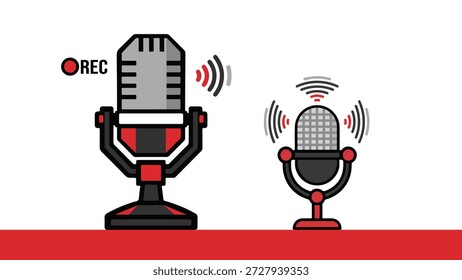 Un moderno set de Ilustración vectorial para temas de audio y radiodifusión. La Imagen cuenta con dos tipos de micrófonos de estudio: un micrófono de condensador profesional en un soporte y un micrófono de escritorio clásico, ambos con indicadores de grabación "REC". Este diseño plano es excelente para portadas de podcast, marca de estaciones de radio, servicios de voz en off y presentaciones de tecnología de medios.