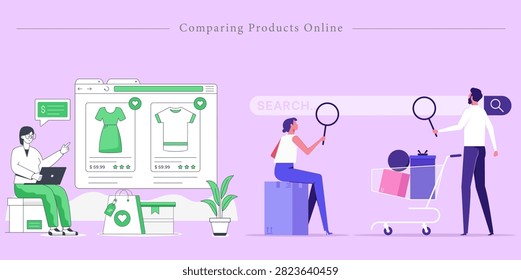 A modern vector illustration set depicting the concept of comparing products online for e-commerce shopping. The design features characters interacting with digital shopping tools, including a customer analyzing apparel prices on a website interface window, and users inspecting items using large magnifying glasses near a search bar and shopping cart full of packages. Styled in soft purple, green, and white pastel tones, this illustration banner is perfect for online retail websites, e-commerce price comparison tools, shopping search landing pages, and digital marketing banners.