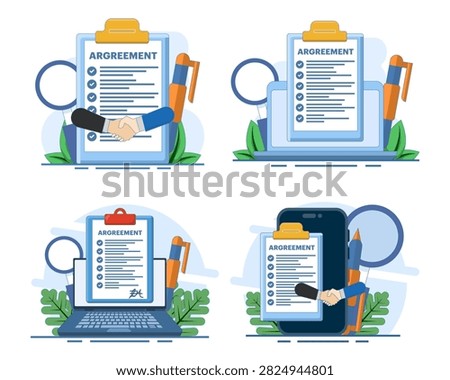Modern vector illustration set depicting online agreements, business partnerships, team collaboration, corporate policies, company regulations, legal compliance, business ethics and startup contracts.