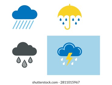 A modern vector illustration set featuring four stylized rainy weather icons, including clouds with raindrops, umbrellas under showers, heavy rainfall, and thunderstorms with lightning. Perfect for forecast apps, climate graphics, educational materials, and creative design projects. #WeatherIcons #VectorIllustration #RainDesign #UmbrellaArt #StormGraphics #ClimateSymbols #NatureIcons #EducationalVectors #CreativeDesign #MinimalIcons #ColorfulGraphics