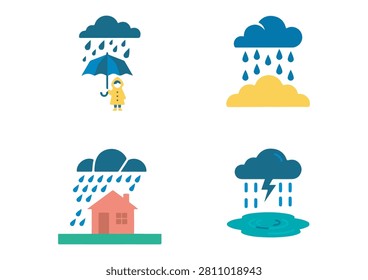 A modern vector illustration set featuring four stylized rainy weather icons, including a person in a raincoat with umbrella, clouds with showers, a house under heavy rain, and a thunderstorm with puddles. Perfect for forecast apps, climate graphics, educational materials, and creative design projects. #WeatherIcons #VectorIllustration #RainDesign #UmbrellaArt #StormGraphics #ClimateSymbols #NatureIcons #EducationalVectors #CreativeDesign #MinimalIcons #ColorfulGraphics