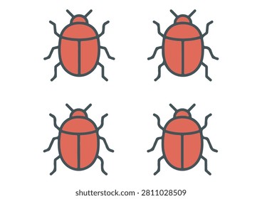 A modern vector illustration set featuring four stylized red beetles arranged in a symmetrical grid. Each beetle is designed with a rounded body, six legs, and segmented details, making it ideal for entomology graphics, educational materials, pattern designs, and creative projects. #BeetleIcons #VectorIllustration #InsectDesign #BugGraphics #NatureSymbols #EntomologyArt #EducationalVectors #CreativeDesign #MinimalIcons #ColorfulGraphics