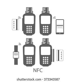 Modern vector illustration of set of Mobile payments using smartphone,credit card, smart watch. Online banking, POS terminal, near field communication technology