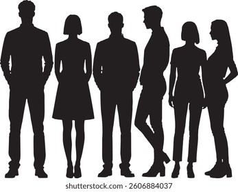 Modern vector illustration of seven human silhouettes in various poses. High-quality EPS art, perfect for creative designs, posters, infographics, or digital projects.