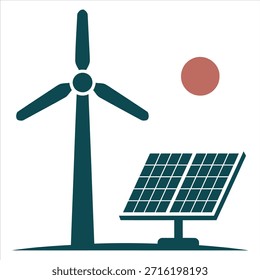 Ilustração vetorial moderna mostrando fontes de energia renovável limpa, como turbina eólica e painel solar com conceito de sol
