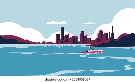 A modern vector illustration showcasing a coastal cityscape with a boat sailing on calm waters. The dynamic skyline and serene environment evoke a sense of travel, adventure, and tranquility.