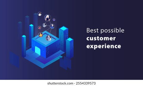 A modern vector illustration showcasing customer experience optimization through interconnected networks in a digital cityscape. Ideal for business, technology, and communication themes.