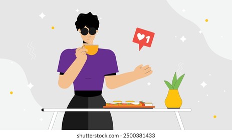 Modern vector illustration showcasing a fashionable individual enjoying a cup of tea with a healthy sandwich and pineapple decor, highlighting stylish daily rituals.