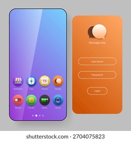 Una Ilustración vectorial moderna que muestra una pantalla de inicio de un teléfono inteligente con íconos coloridos del App Video que incluyen el mercado, el calendario, el mensaje, las Configuraciones, el proveedor, la batería y la cámara