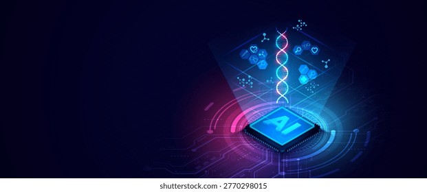 Modern vector illustration showing an AI processor chip analyzing healthcare data with glowing medical icons on circuit board background.