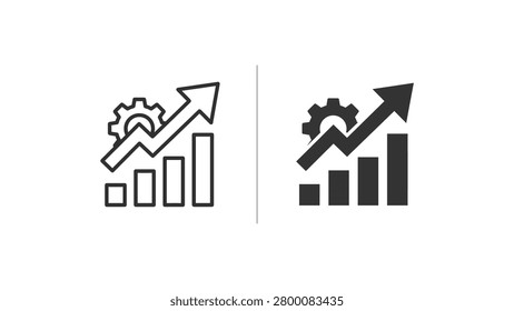 Modern vector illustration showing a gear symbolizing progress and development alongside a rising bar chart and upward arrow, representing growth and success.