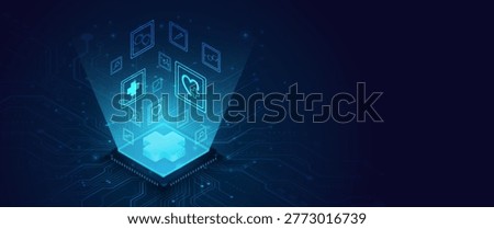 Modern vector illustration showing a glowing medical processor with digital icons for healthcare, biotechnology, and smart medical innovation.