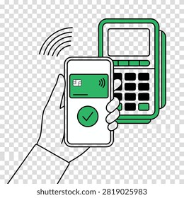 A modern vector illustration showing a hand tapping a smartphone against a POS terminal to complete a fast, contactless mobile payment. Designed in a clean black line art style with vibrant green accents, featuring a digital credit card, wireless waves, and a green success checkmark. Perfect for fintech applications, mobile banking websites, retail checkout systems, and e-commerce marketing materials. #mobilepayment #contactless #posterminal #fintech #digitalwallet #vectorillustration #lineart #nfc