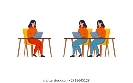 Uma ilustração vetorial moderna que mostra três pessoas focadas que trabalham de forma independente em notebooks em mesas separadas. Ideal para conceitos como trabalho remoto, freelancer, espaço de trabalho em grupo, negócios on-line, produtividade, nômade digital ou local de trabalho moderno. Design limpo e de estilo plano com cores vibrantes, perfeito para sites, apresentações e materiais de marketing.