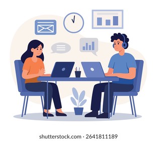 Modern vector illustration showing two office workers at a desk with laptops, surrounded by graphs and email icons