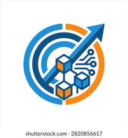 Modern vector illustration showing an upward arrow with blockchain cubes and circuit patterns symbolizing tech growth and data innovation.